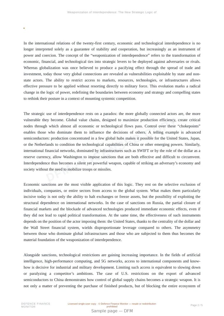 Sample page from “Weaponization of Interdependence: The New Strategic Logic of the Twenty-First Century” — 6-page report