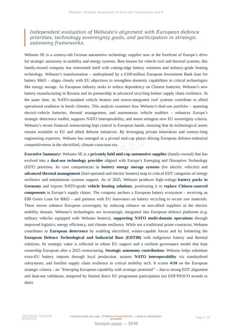Sample page from “Webasto: Strategic Assessment of Dual-Use Technologies and Defence Alignment” — 34-page report