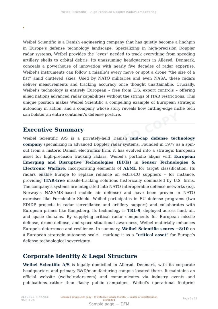 Sample page from “Weibel Scientific – High-Precision Doppler Radars Empowering European Defense Autonomy” — 24-page report