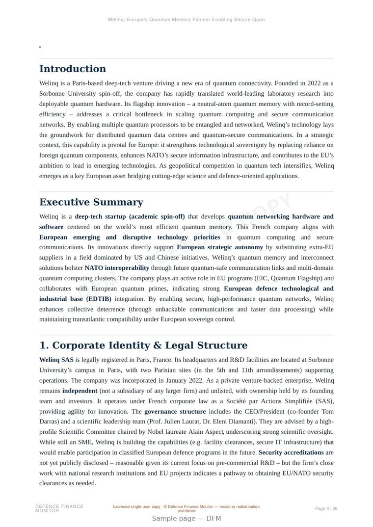 Sample page from “Welinq: Europe's Quantum Memory Pioneer Enabling Secure Quantum Networks” — 27-page report