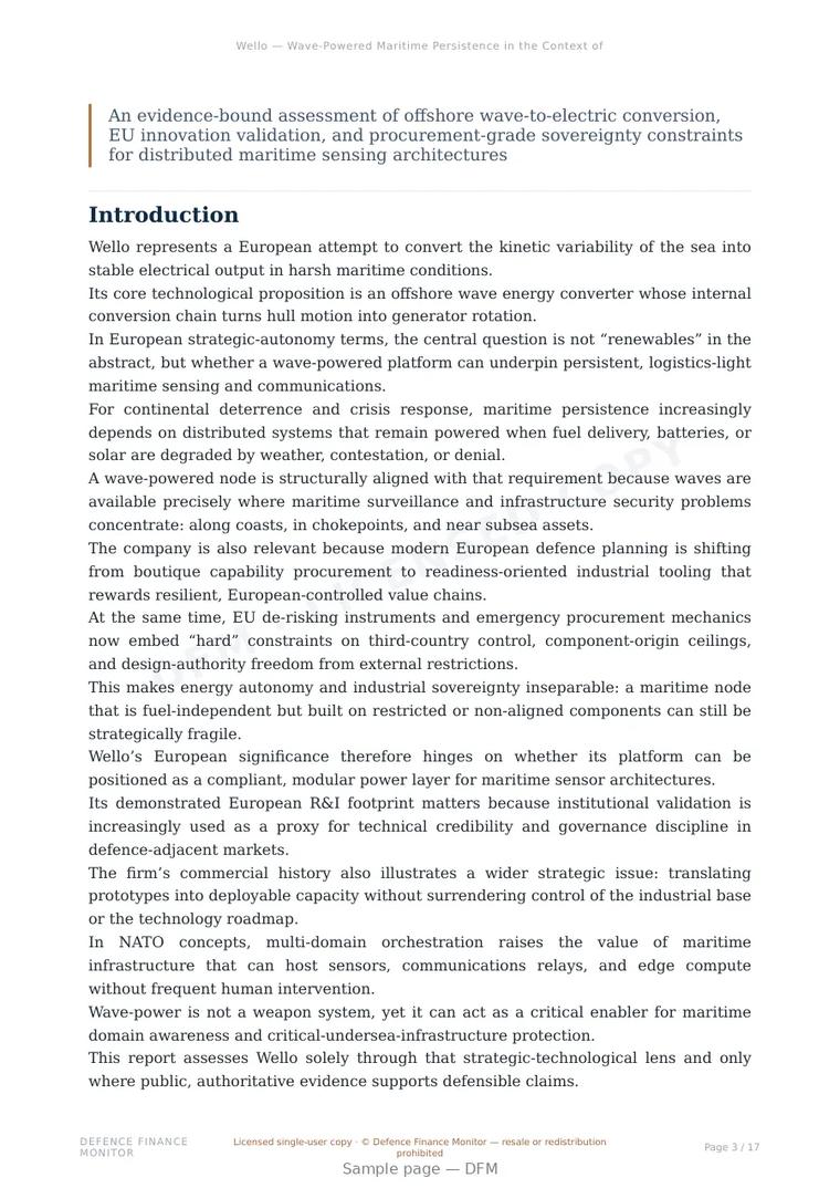Sample page from “Wello — Wave-Powered Maritime Persistence in the Context of European Resilience and Defence Energy Autonomy” — 18-page report