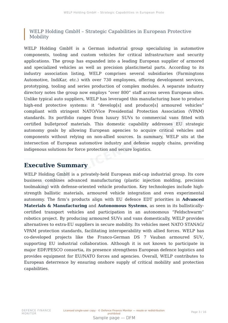 Sample page from “WELP Holding GmbH – Strategic Capabilities in European Protective Mobility” — 17-page report