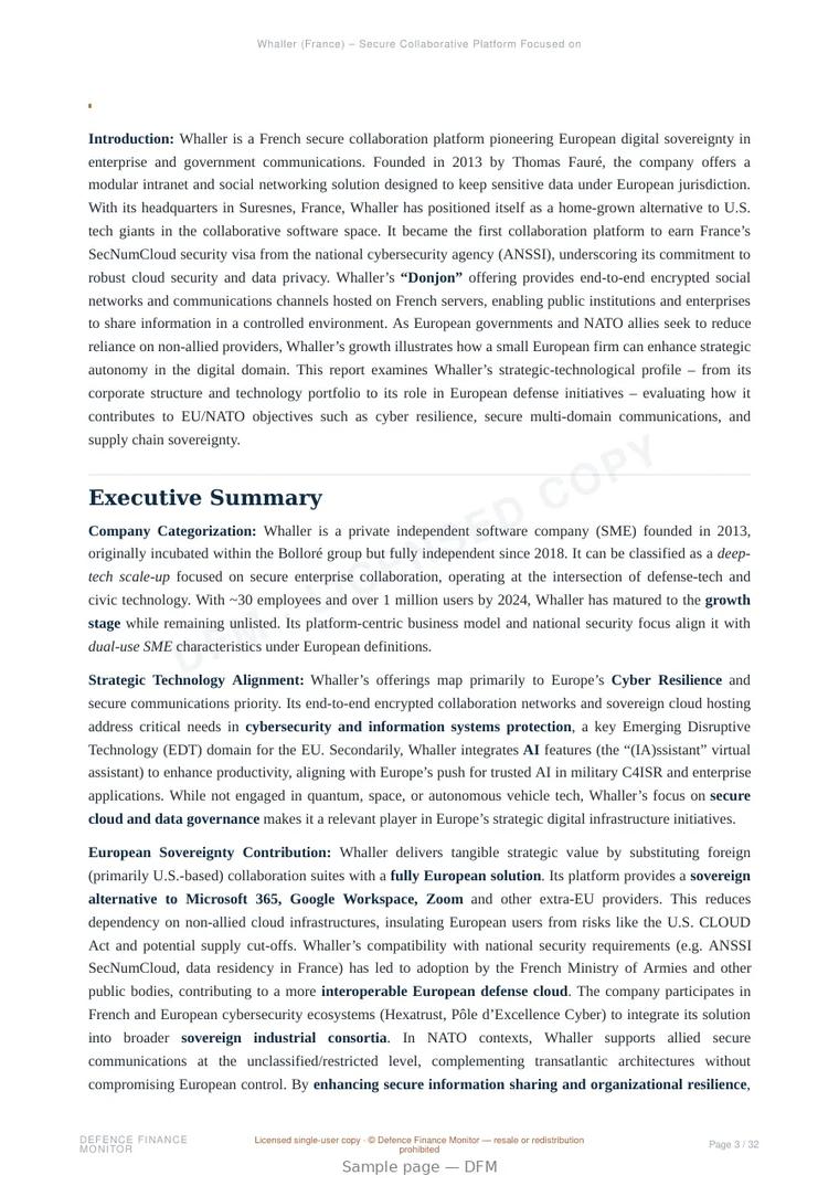 Sample page from “Whaller (France) – Secure Collaborative Platform Focused on Data Sovereignty” — 33-page report