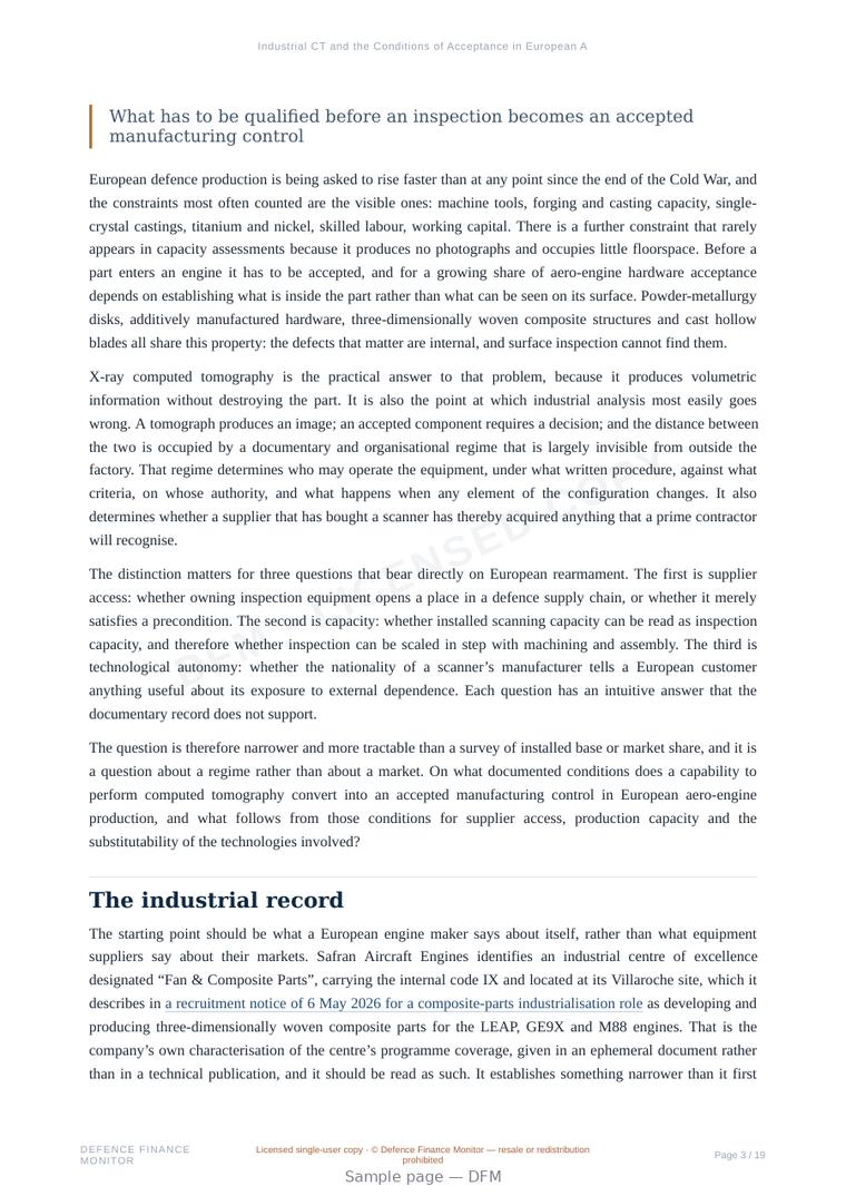 Sample page from “Industrial CT and the Conditions of Acceptance in European Aero-Engine Production” — 20-page report