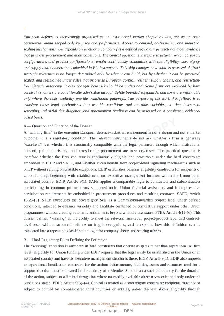 Sample page from “What “Winning Firm” Means in Regulatory Terms” — 7-page report