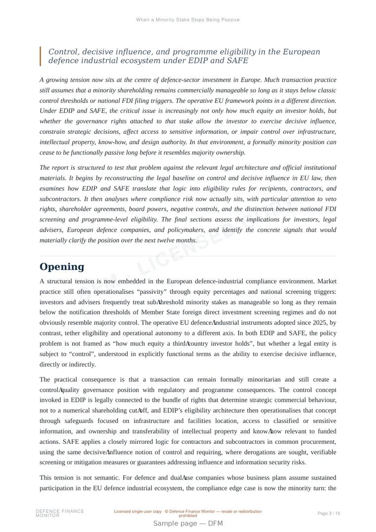 Sample page from “When a Minority Stake Stops Being Passive” — 16-page report