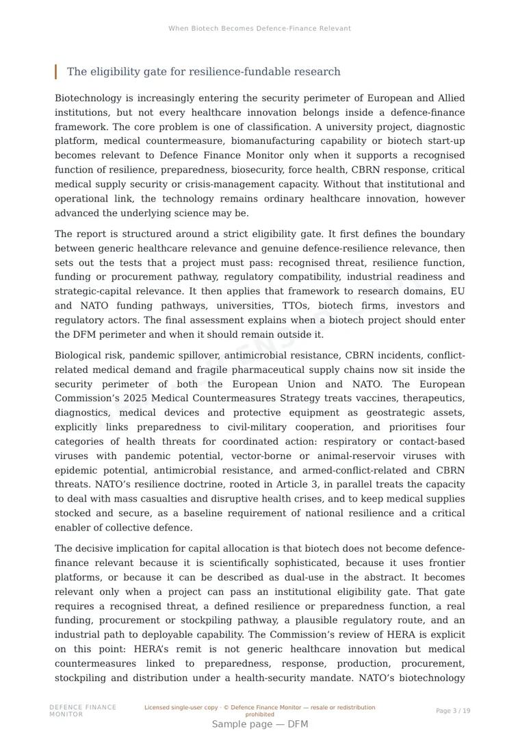 Sample page from “When Biotech Becomes Defence-Finance Relevant” — 20-page report