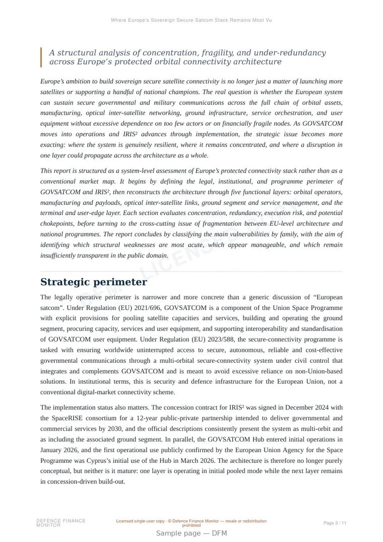 Sample page from “Where Europe’s Sovereign Secure Satcom Stack Remains Most Vulnerable” — 12-page report