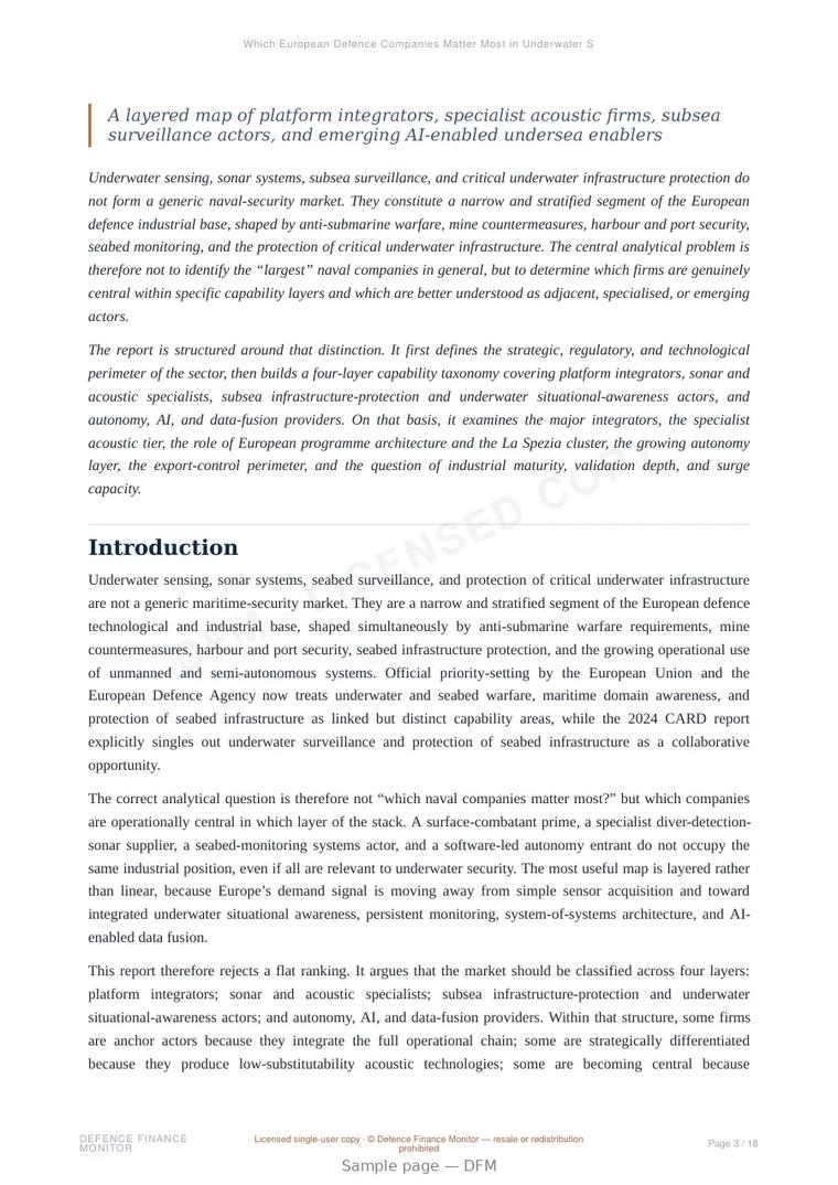 Sample page from “Which European Defence Companies Matter Most in Underwater Sensing and Subsea Infrastructure Protection?” — 19-page report