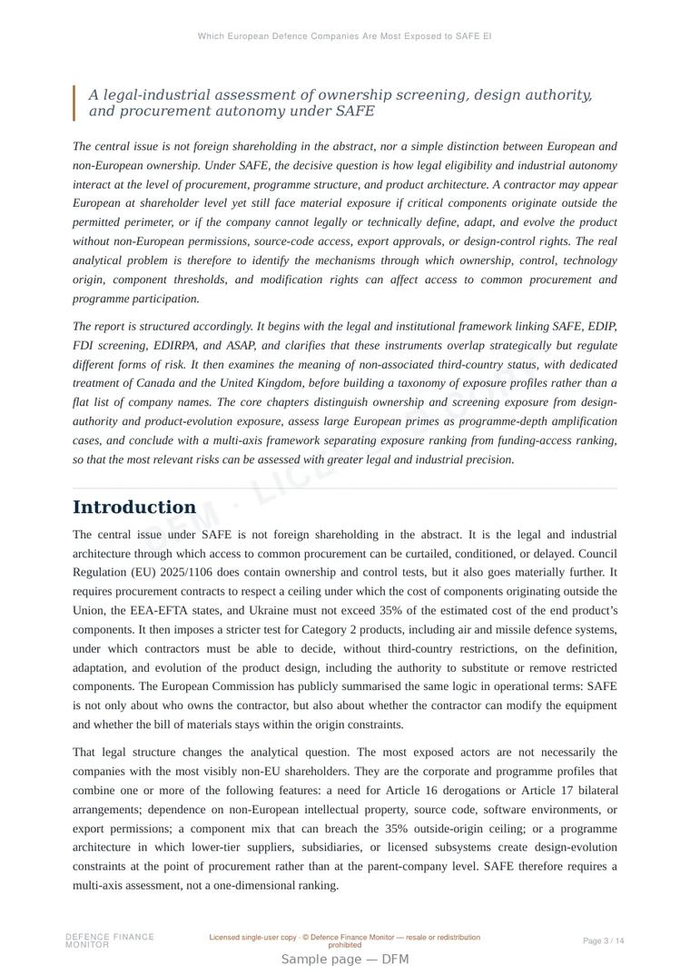 Sample page from “Which European Defence Companies Are Most Exposed to SAFE Eligibility Constraints and Foreign-Control Screening Risk?” — 15-page report