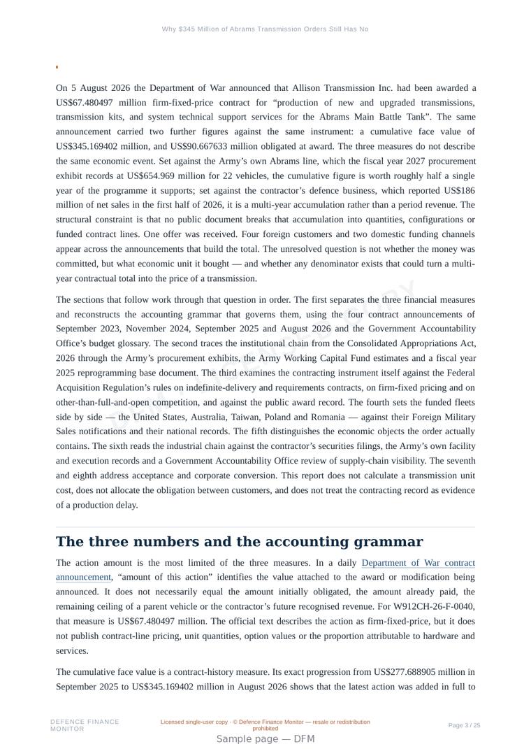 Sample page from “Why $345 Million of Abrams Transmission Orders Still Has No Unit Price” — 26-page report