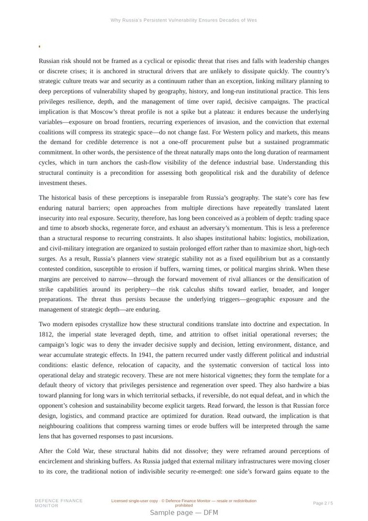Sample page from “Why Russia’s Persistent Vulnerability Ensures Decades of Western Rearmament” — 6-page report