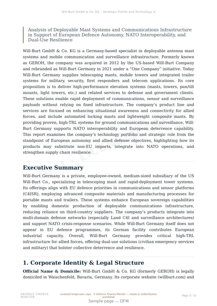 Sample page from “Will-Burt GmbH & Co. KG – Strategic Profile and Technology Assessment” — 14-page report