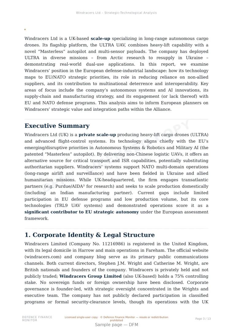 Sample page from “Windracers Ltd — United Kingdom unmanned aerial systems company” — 14-page report