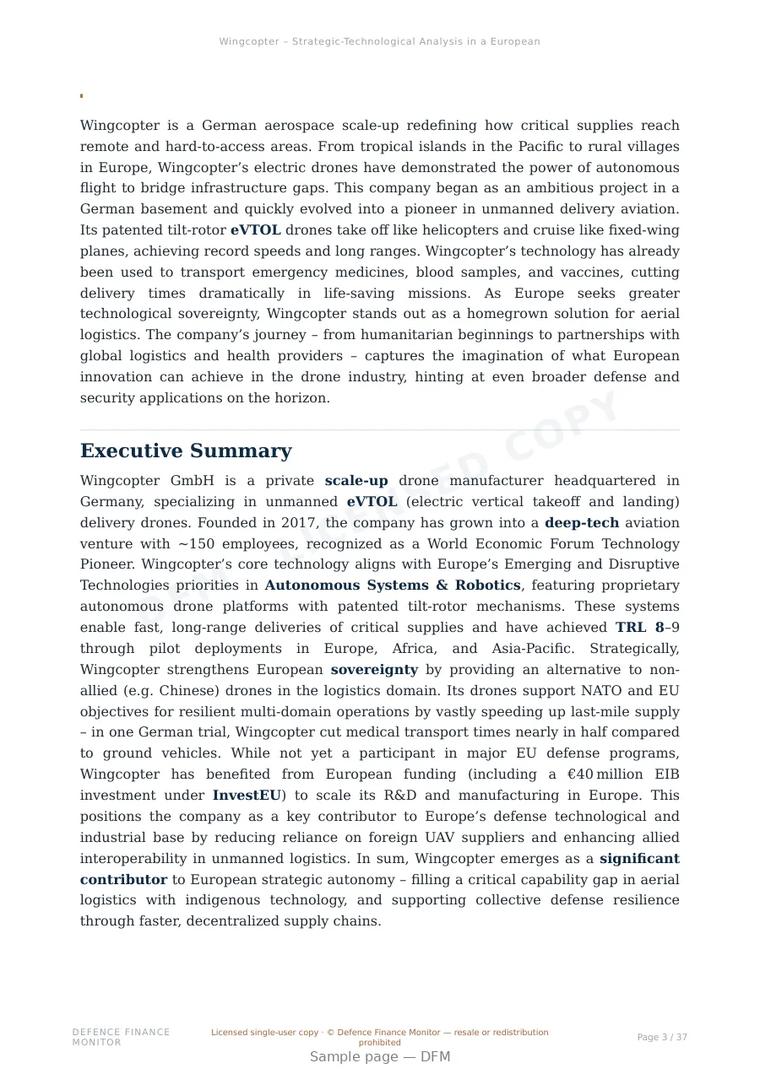 Sample page from “Wingcopter — Germany unmanned aerial systems company” — 38-page report