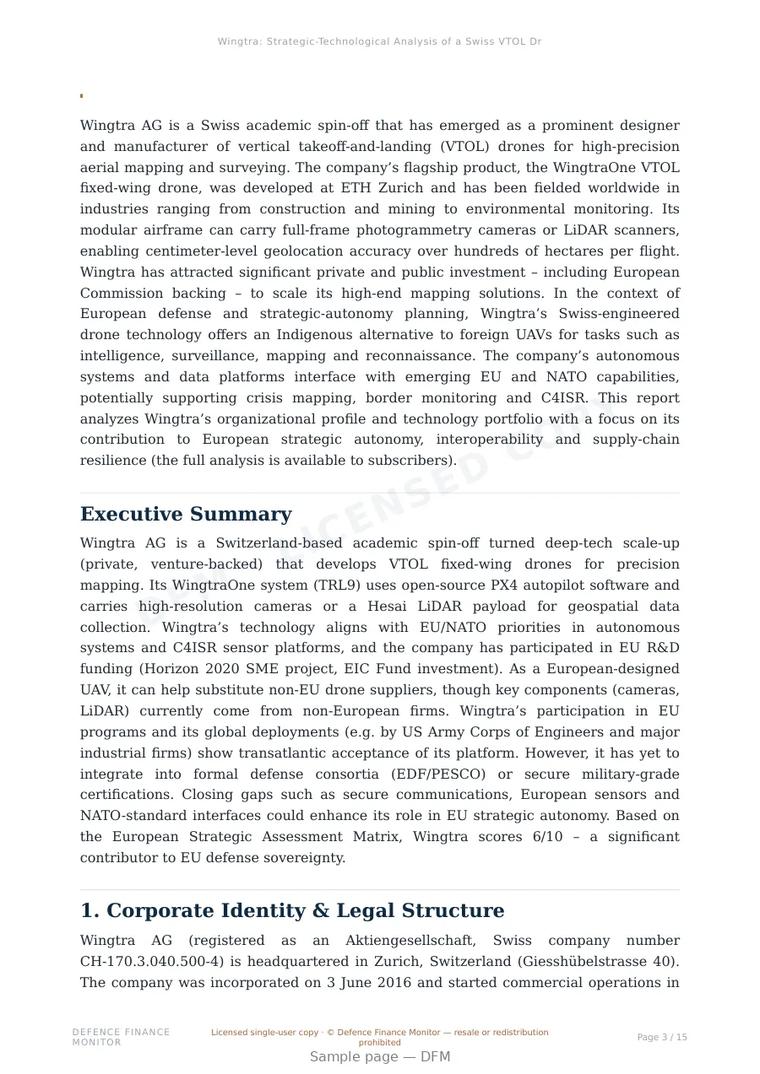 Sample page from “Wingtra AG — Switzerland unmanned aerial systems company” — 16-page report