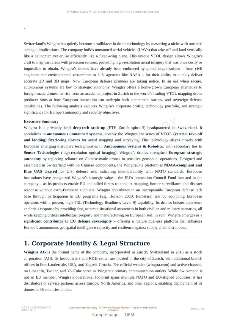 Sample page from “Wingtra: Swiss VTOL Mapping Drones Driving European Strategic Autonomy” — 26-page report