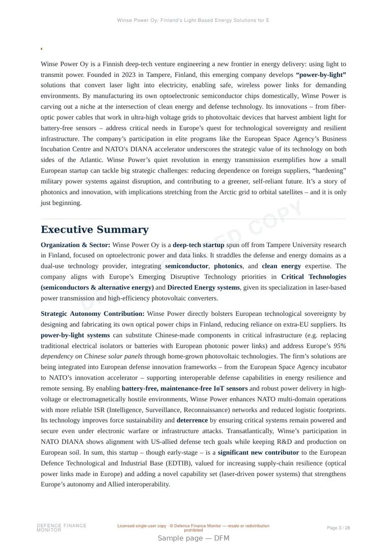 Sample page from “Winse Power Oy: Finland’s Light-Based Energy Solutions for European Strategic Autonomy” — 29-page report