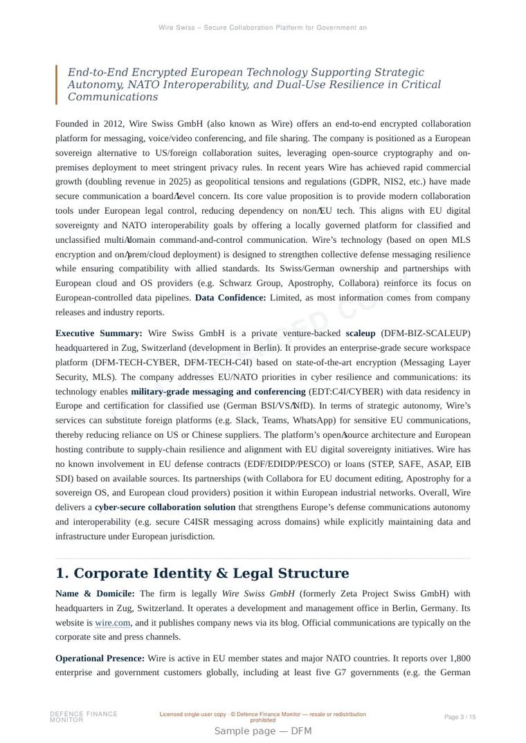 Sample page from “Wire Swiss – Secure Collaboration Platform for Government and Enterprise Communications” — 16-page report