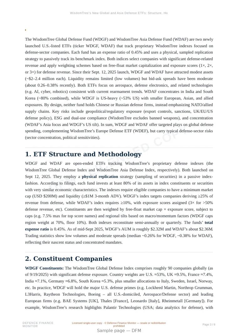 Sample page from “WisdomTree’s New Global and Asia Defense ETFs: Structure, Holdings, and Strategic Risks” — 9-page report