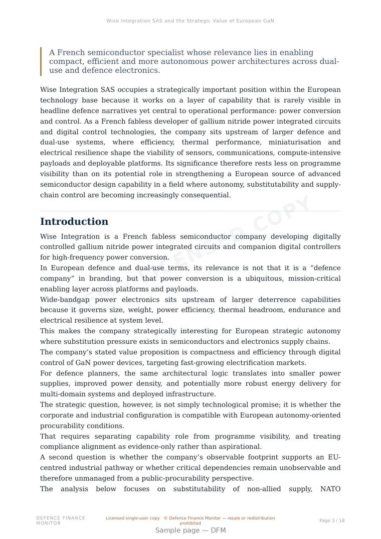 Sample page from “Wise Integration SAS and the Strategic Value of European GaN Power Electronics for Sovereign Defence-Grade Systems” — 19-page report