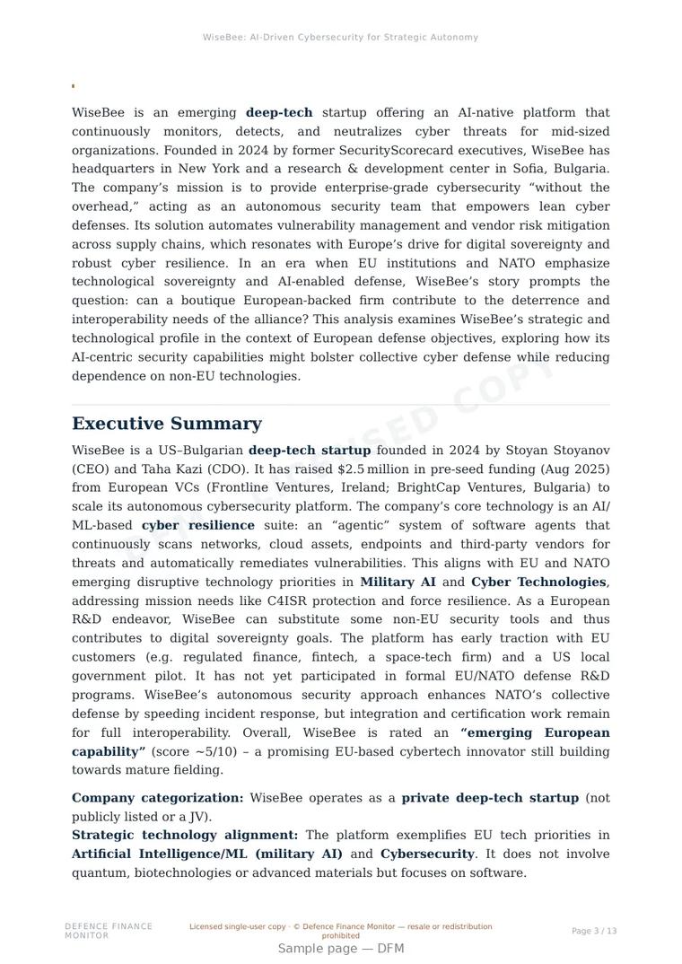 Sample page from “WiseBee: AI-Driven Cybersecurity for Strategic Autonomy” — 14-page report