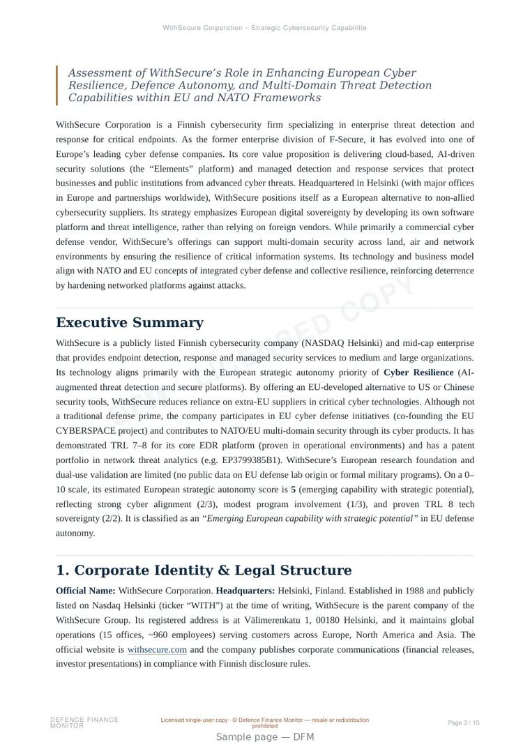 Sample page from “WithSecure Corporation – Strategic Cybersecurity Capabilities for Europe” — 16-page report