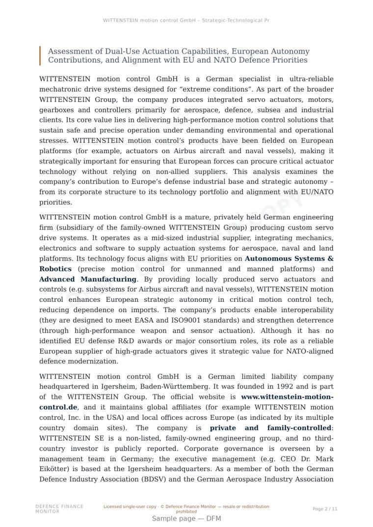 Sample page from “WITTENSTEIN motion control GmbH – Strategic-Technological Profile” — 12-page report