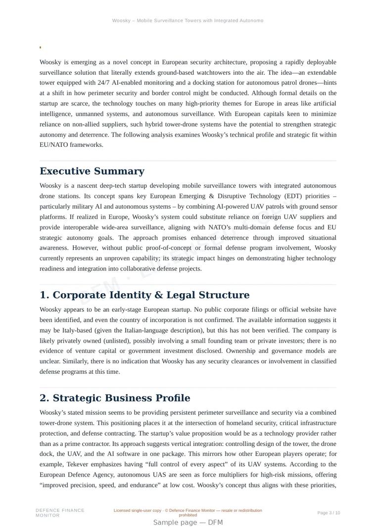 Sample page from “Woosky – Mobile Surveillance Towers with Integrated Autonomous Drones” — 11-page report