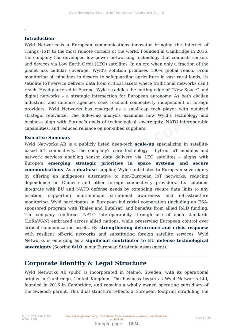 Sample page from “Wyld Networks: Satellite IoT for Critical Assets and Civil Defence” — 31-page report