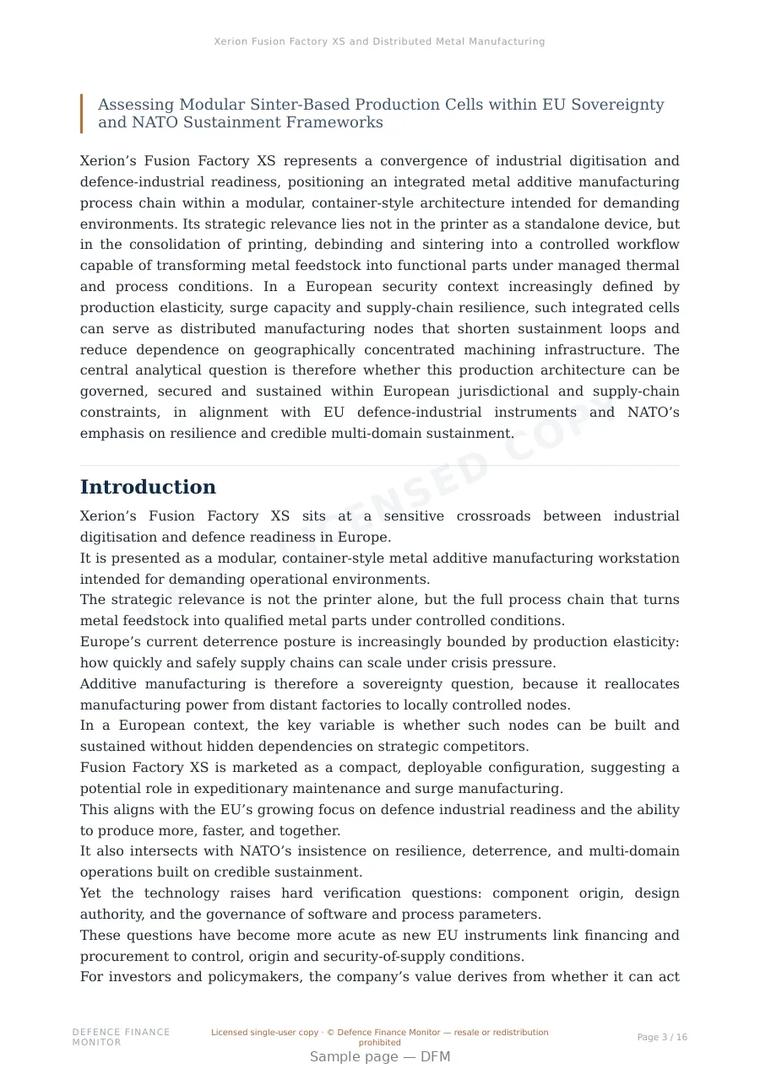 Sample page from “Xerion Fusion Factory XS and Distributed Metal Manufacturing in European Defence Readiness” — 17-page report