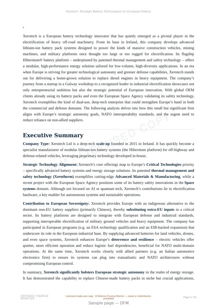 Sample page from “Xerotech: Strategic Battery Technologies for European Defense Autonomy” — 31-page report