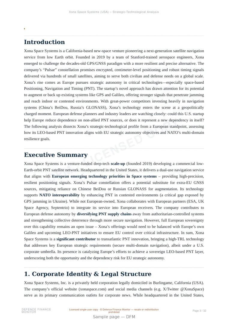 Sample page from “Xona Space Systems — United States positioning company” — 33-page report
