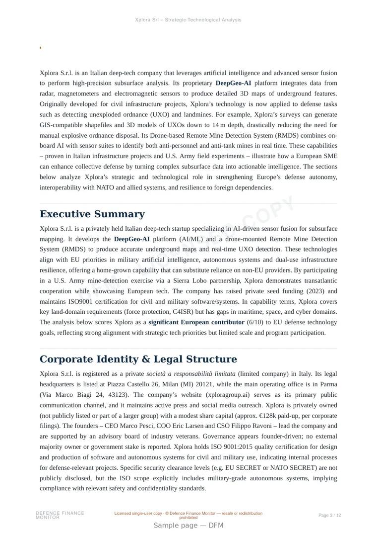 Sample page from “Xplora S.r.l. — Italy multi-source data fusion company” — 13-page report
