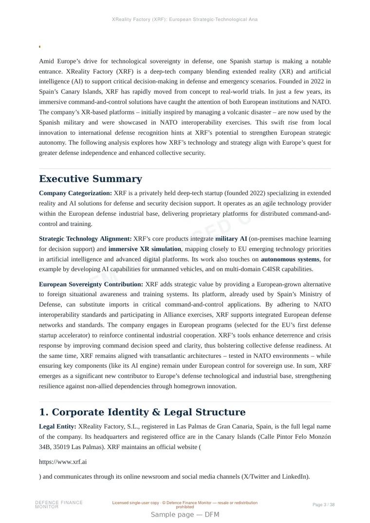 Sample page from “XReality Factory (XRF) — Spain simulation company” — 39-page report