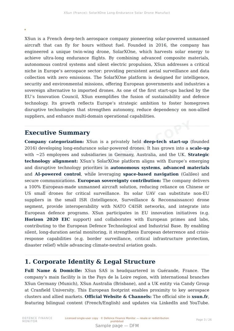Sample page from “XSun (France): SolarXOne Long-Endurance Solar Drone Manufacturer Supporting European Strategic Autonomy and ISR Capabilities” — 27-page report
