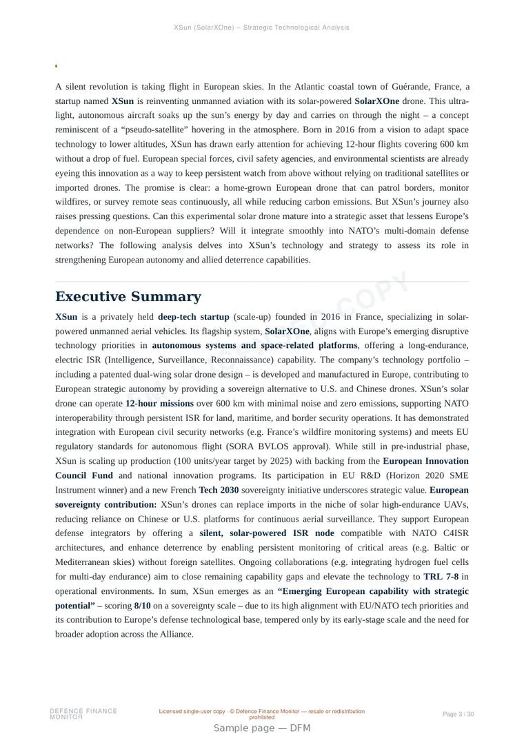 Sample page from “XSun (SolarXOne) – Strategic Technological Analysis” — 31-page report