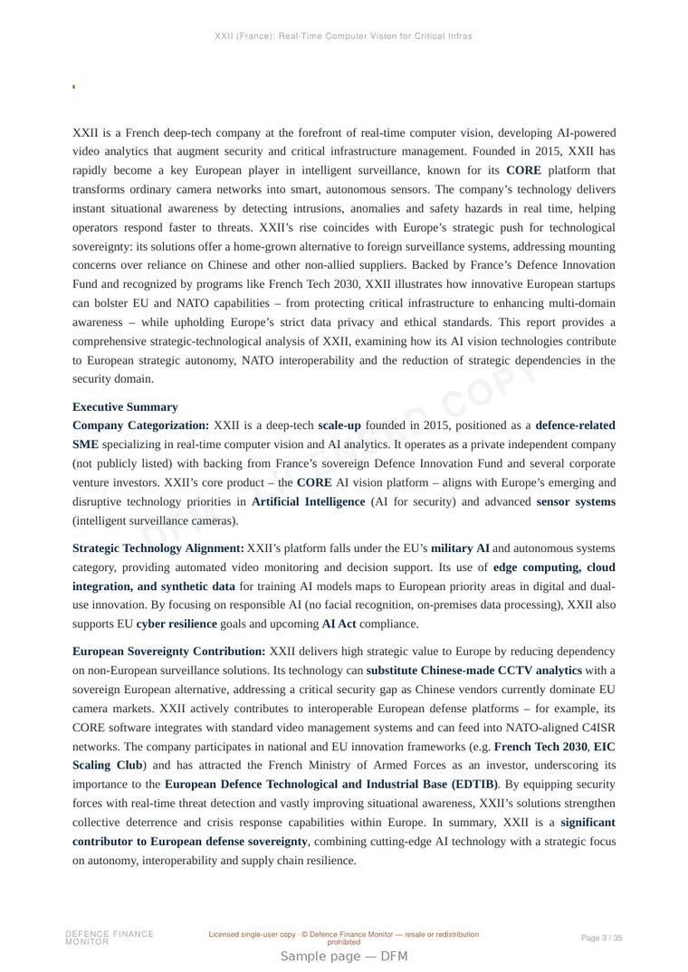 Sample page from “XXII (France): Real-Time Computer Vision for Critical Infrastructure Security and European Defence Applications” — 36-page report
