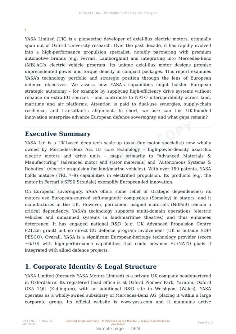 Sample page from “YASA Limited — United Kingdom advanced propulsion company” — 18-page report