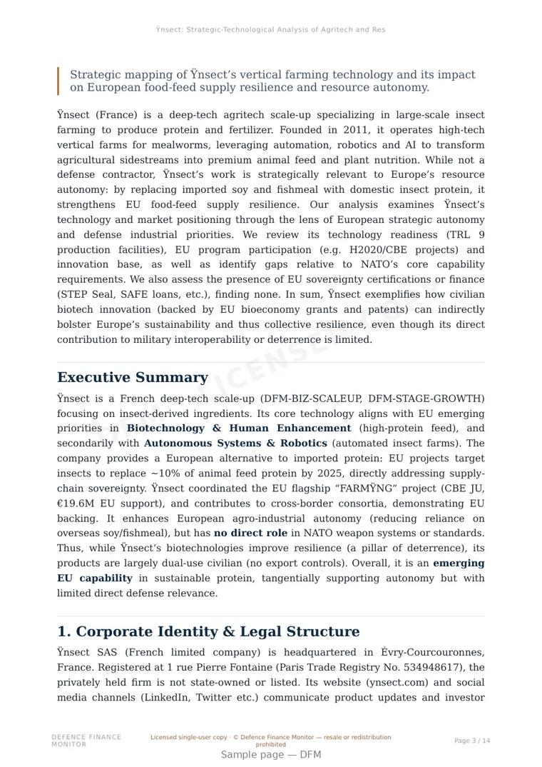 Sample page from “Ÿnsect — France defence company” — 15-page report