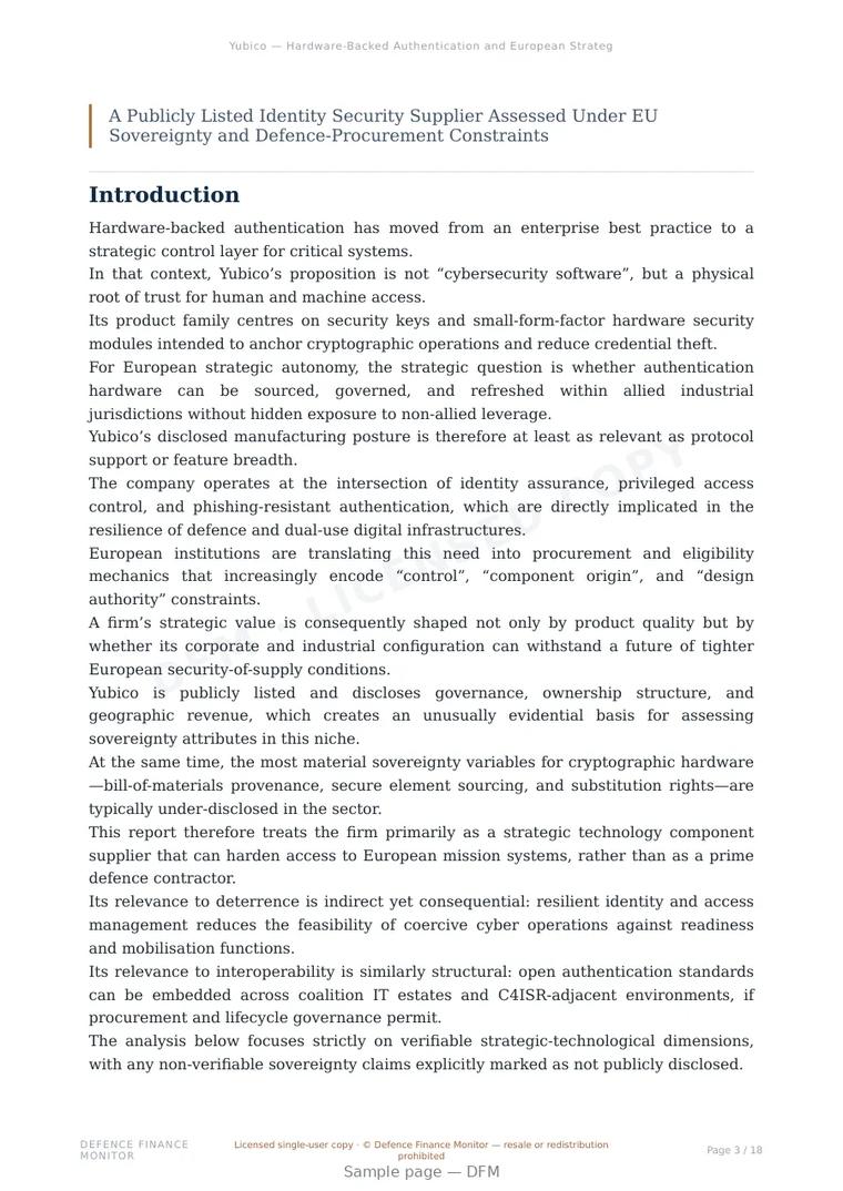 Sample page from “Yubico — Hardware-Backed Authentication and European Strategic Autonomy” — 19-page report