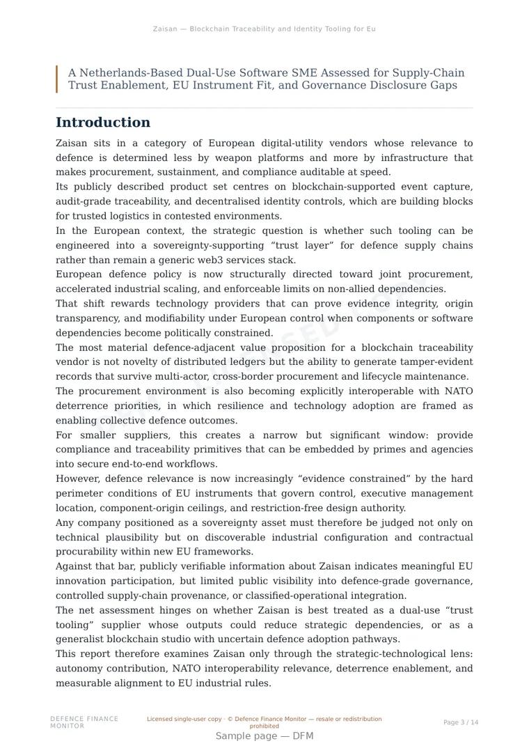 Sample page from “Zaisan — Blockchain Traceability and Identity Tooling for European Strategic Autonomy” — 15-page report