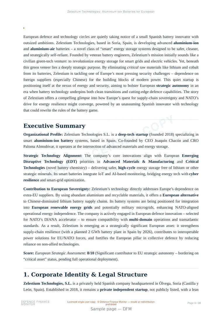 Sample page from “Zelestium Technologies: Aluminium-Ion Batteries for European Strategic Autonomy” — 29-page report