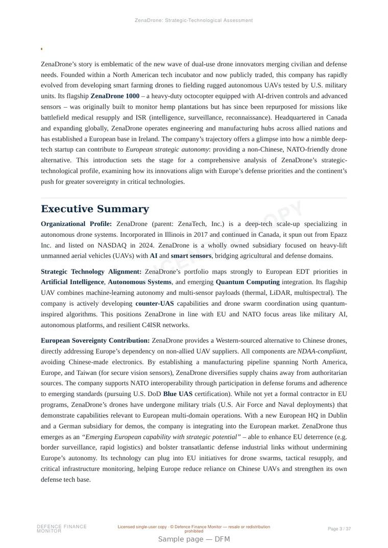 Sample page from “ZenaDrone: Strategic-Technological Assessment” — 38-page report