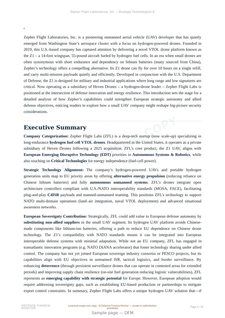 Sample page from “Zepher Flight Laboratories, Inc. — United States unmanned aerial systems company” — 31-page report