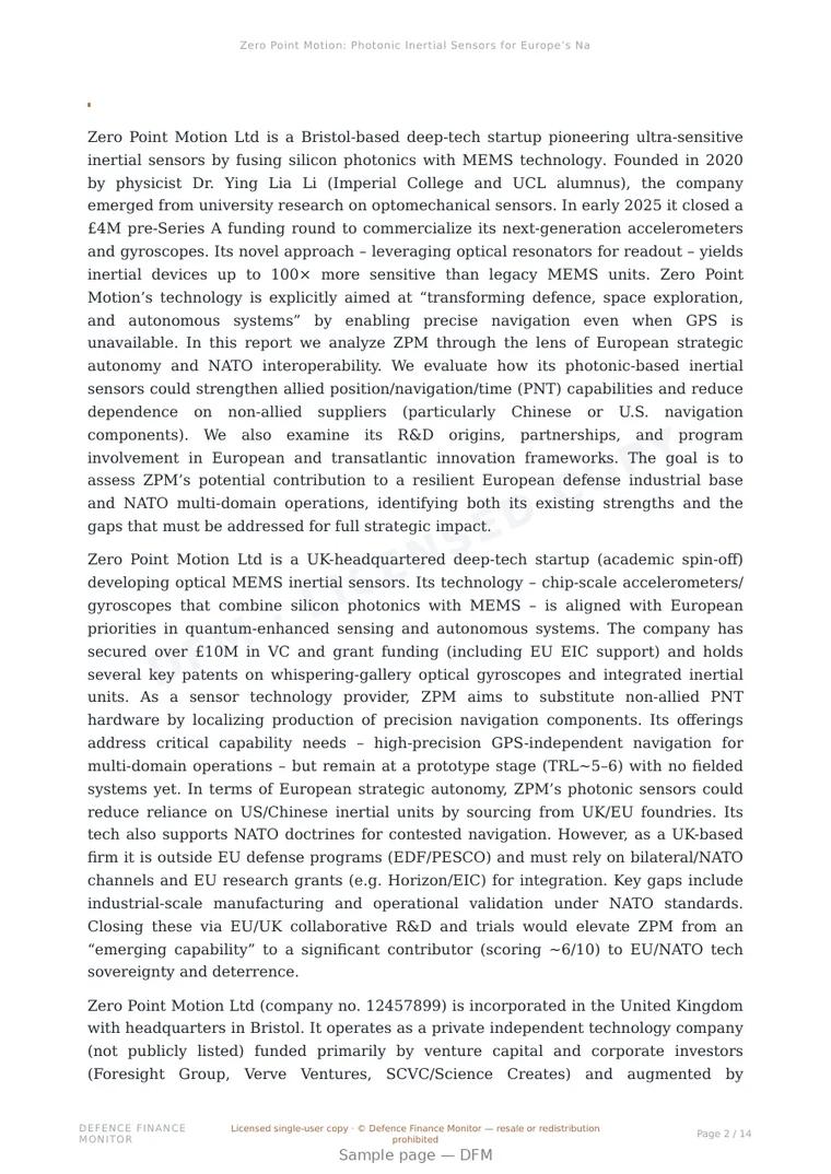 Sample page from “Zero Point Motion: Photonic Inertial Sensors for Europe’s Navigation Sovereignty” — 15-page report