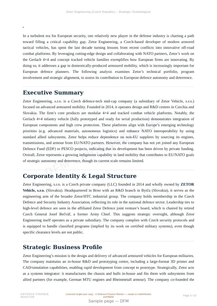 Sample page from “Zetor Engineering (Czech Republic) – Strategic-Technological Analysis” — 11-page report