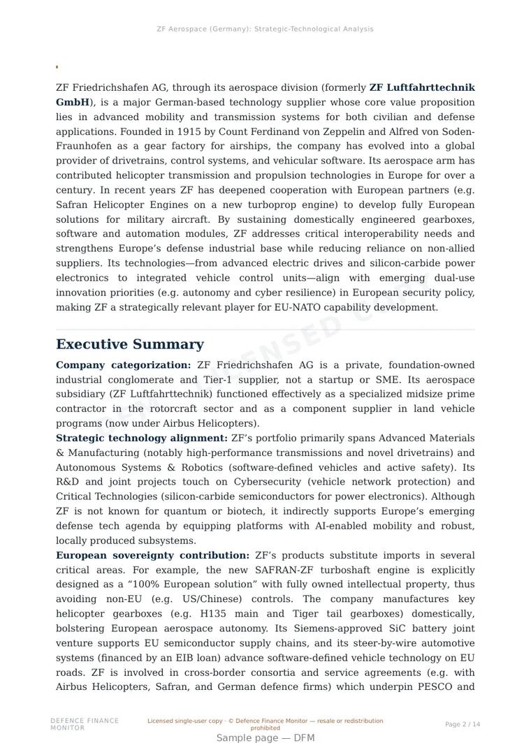 Sample page from “ZF Friedrichshafen AG — Germany air platforms company” — 15-page report