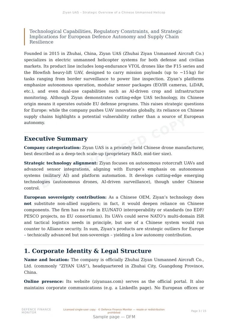 Sample page from “Ziyan UAS – Strategic Overview of a Chinese Unmanned Helicopter Manufacturer” — 16-page report