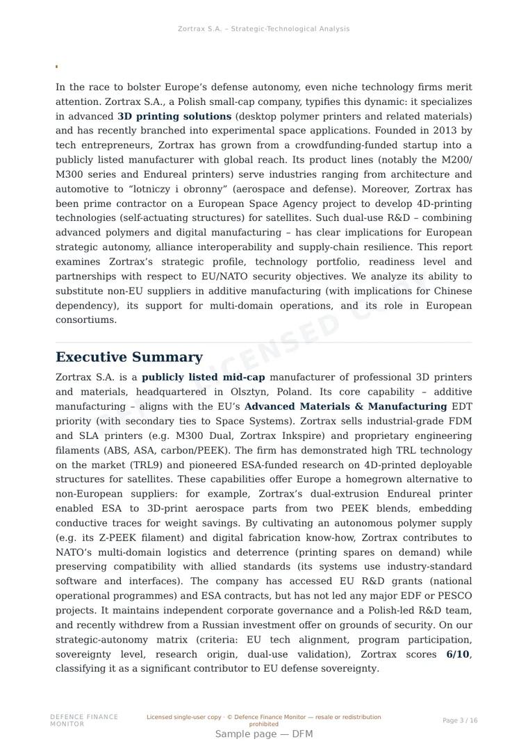 Sample page from “Zortrax S.A. — Poland additive manufacturing company” — 17-page report